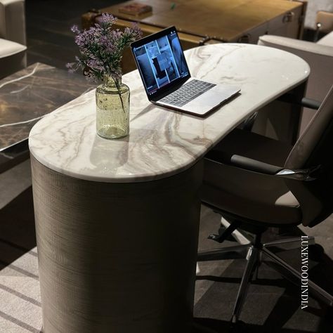 Spectre Study Table, Perfect for a home study, a casual, curvy desk, to add that oomph! Highlighted with a unique veneer from @sources_unlimited. Also in frame is the Jarvis office chair , complimenting our colour palette. #sleek#bold#luxewoodindia#madeinindia#grey#marble#italianmarble#statuario#studytable Home Study, Study Table, Grey Marble, In Frame, Colour Palette, Office Chair, Marble, Sleek, Desk