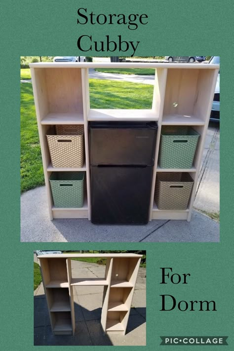 Storage Cubby for dorm room with designations for refrigerator, microwave, keurig and baskets for odds/ends. Classroom Fridge And Microwave, Diy Dorm Kitchenette, Dorm Organization Hacks Storage Bins, Dorm Tv Stand Ideas, Dorm Refrigerator Ideas, Dorm Room Fridge Set Up, Dorm Fridge And Microwave Storage, Dorm Room Coffee Station, Snack Organization Ideas Dorm Room