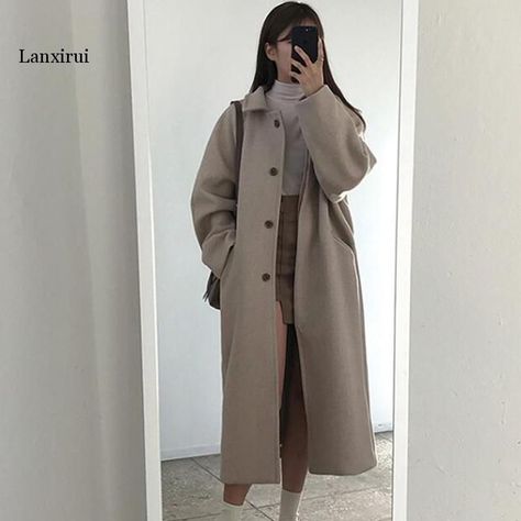 Coat Aesthetic, Korean Coat, Korea Winter, Female Coat, Woolen Coat Woman, Coat Korean, Korean Winter, Korean Shorts, Long Black Coat