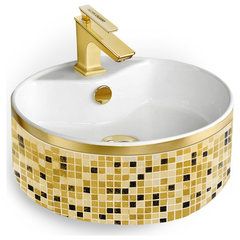 THE 15 BEST Drop-In Bathroom Sinks for 2023 | Houzz Gold Wash Basin, Black Vessel Sink, Jack Jill Bathroom, Mosaic Sink, Art Deco Ideas, Gold Faucet, Drop In Bathroom Sinks, Sink And Faucet, Gold Mosaic