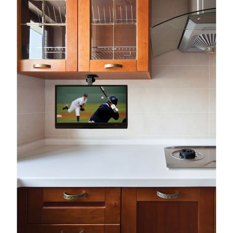 99+ Under Cabinet Flip Down Kitchen Tv - Kitchen Floor Vinyl Ideas Check more at http://www.planetgreenspot.com/20-under-cabinet-flip-down-kitchen-tv-kitchen-nook-lighting-ideas/ Small Kitchen Tv, Under Cabinet Tv, Kitchen Tv, Tv In Kitchen, Cabinet Tv, Kabinet Dapur, Kitchen And Bath Remodeling, Tv Mount, Kitchen Design Trends