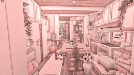 Bloxburg Valentines, Bloxburg Instagram, Bloxburg Images, Blush House, Blocksburg House, House Kitchen Ideas, Pink House Interior, Cottage Core Bloxburg House, Bloxburg Aesthetic