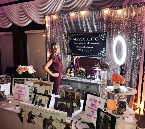 Bridal booth set up! Wedding Expo Booth Ideas Hair And Makeup, Bridal Expo Booth Ideas, Wedding Vendors Booth, Wedding Expo Booth, Wedding Show Booth, Wedding Booth, Makeup Event, Bridal Show Booths, Expo Design