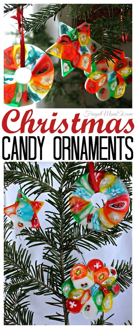 These Christmas Candy Ornaments are a surprisingly easy diy craft idea.  Perfect for hanging on your Christmas tree or giving as gifts! Melted Candy Ornaments, Christmas Candy Ornaments, Marshmallow Snowmen, Sink Window, Diy Christmas Candy, Golden Deer, Frugal Mom, Candy Ornaments, Rock Candy