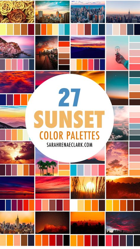 I created 27 Sunset inspired color palettes to inspire your next project. Colors That Complement Orange, Fall Sunset Wedding Color Schemes, Sunset Color Theme Wedding, Purple Orange Turquoise Color Palettes, Peach And Teal Color Palette, Sunset Color Palette Bedrooms, Mountain Sunset Color Palette, Spring Sunset Wedding Colors, Teal And Coral Color Palette