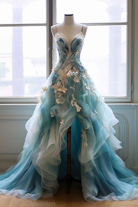 Water Themed Dress Drawing, Ocean Themed Ballgown, Prom Dresses Train, Prom Dress Pastel Blue, Prom Dress Enchanted Theme, Artsy Prom Dress, Water Themed Wedding Dress, Ocean Theme Wedding Dress, Deep Sea Wedding Dress