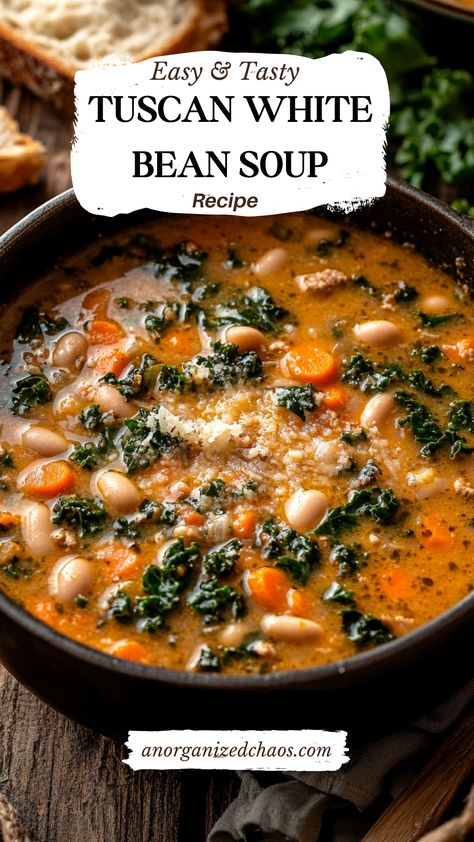 Tuscan White Bean Soup Tuscan Kale And White Bean Soup, Three Bean Soup Crockpot, Soup Large Batch, Crock Pot Tuscan Soup, Sausage And White Bean Soup Recipes, Creamy Tuscan White Bean Soup, White Bean Soup With Pasta, Tuscan Soup Crockpot, Tuscan Cannellini Bean Soup