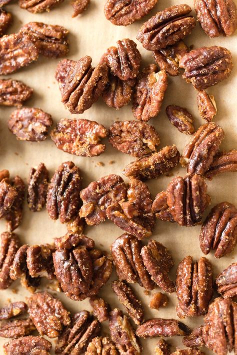 Vegan Candied Pecans on parchment lined sheet Candied Nuts Recipe, Candied Pecans Recipe, Gingerbread Spice, Bake Easy, Spice Blends Recipes, Vegan Richa, Soy Free Recipes, Walnut Recipes, Vegan Candies