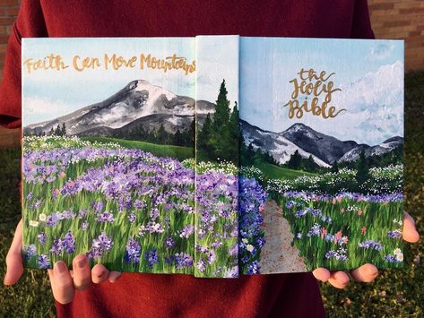 🏔 I feel like I say this a lot (if not on here then definitely in real life), but this really is my favorite Bible so far. and it also set… Painted Bible Mountains, Bible Cover Art, Bible Painting Cover, Painted Bible Cover, Hand Painted Bible Cover, Hand Painted Bibles, Bible Decor, Bible Painting, Painted Bible