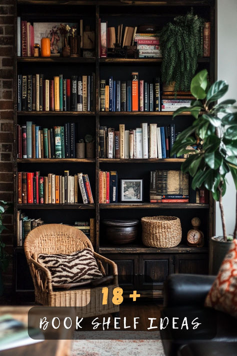 📚 Ready To Display Your Book Collection In Style? These Stunning Shelf Designs Will Transform Your Space Into A Personal Library Paradise! Click To Discover How To Create Your Perfect Reading Corner! ✨ #BookShelf #HomeLibrary #InteriorDesign #BookDecor #ShelfStyling #HomeDecor #ReadingNook Styling Bookshelves With Pictures, How To Style Bookshelves With Lots Of Books, How To Style A Book Shelf, Decorate Top Of Bookcase, Bookshelf Display Ideas, How To Organize Books On A Bookshelf, Messy Bookshelf Aesthetic, Dark Brown Bookshelf, Fancy Bookshelf