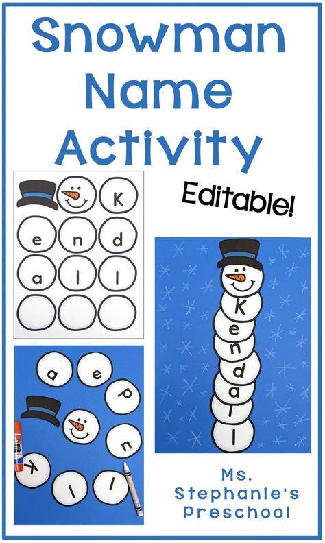 Editable snowman name activity.  Pictures of three steps, adding letters, cut out snowballs, and completed snowman on blue construction paper. Snowman Name, Snowman Crafts Preschool, Winter Literacy Activities, Fabric Headboards, Ice Cream Card, Name Activities Preschool, Name Activity, Paper Ice Cream, Winter Crafts Preschool