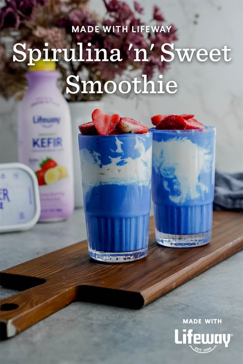 For something new, try our delicious probiotic Spirulina n’ Sweet Smoothie. Made with a mix of Lifeway Kefir, Lifeway Farmer Cheese, and a blend of tropical fruits, this smoothie is sure to leave an impression. We use Lifeway Kefir and Lifeway Farmer Cheese to give it a rich, creamy texture while packing it with probiotic cultures, and blue spirulina for stunning color and a boost of antioxidants. Farmer Cheese, Sources Of Probiotics, Sweet Smoothies, Blue Spirulina, Farmers Cheese, Banana Coconut, Gut Bacteria, Beneficial Bacteria, Vitamin K