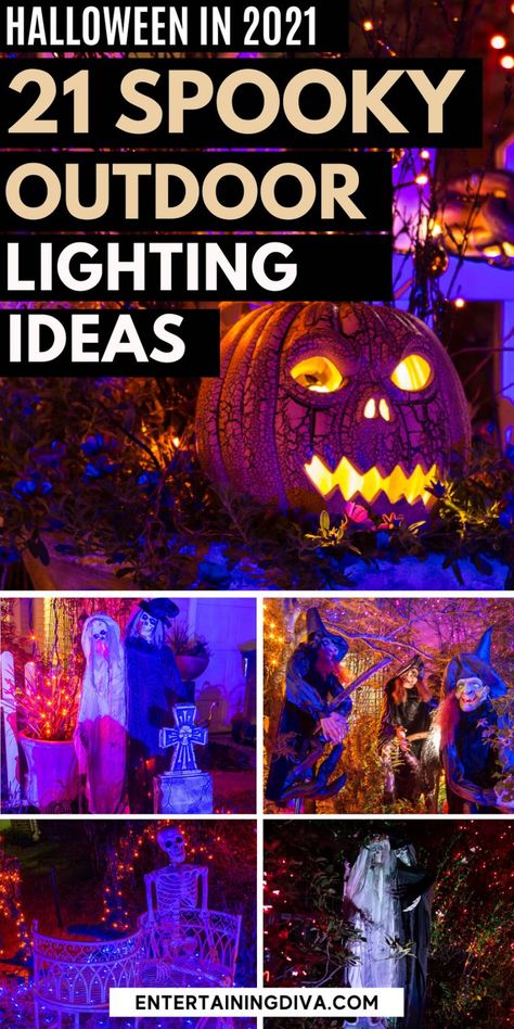 21 Spooky Outdoor Lighting Ideas | Best of Entertaining Diva Spooky Outdoor Halloween Decorations, Halloween Front Yard, Front Yard Halloween, Spooky Outdoor Halloween Decor, Halloween Lighting, Halloween Lighting Outdoor, Outdoor Lighting Ideas, Yard Haunt, Halloween Graveyard