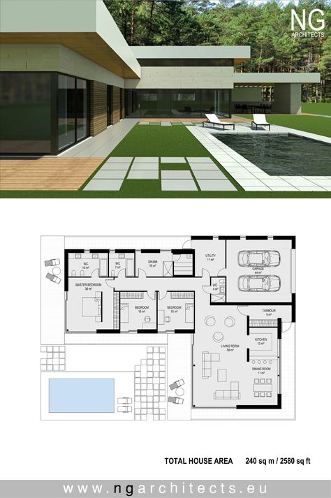 Modern villa Victoria designed by NG architects www.ngarchitects.eu Modern House 1 Floor, 1 Floor House Design, Modern Villa Plan, One Floor House Design Modern, Flat House Design, Modern Contemporary House Plans, Flat Roof House, Modern House Floor Plans, Villa Plan