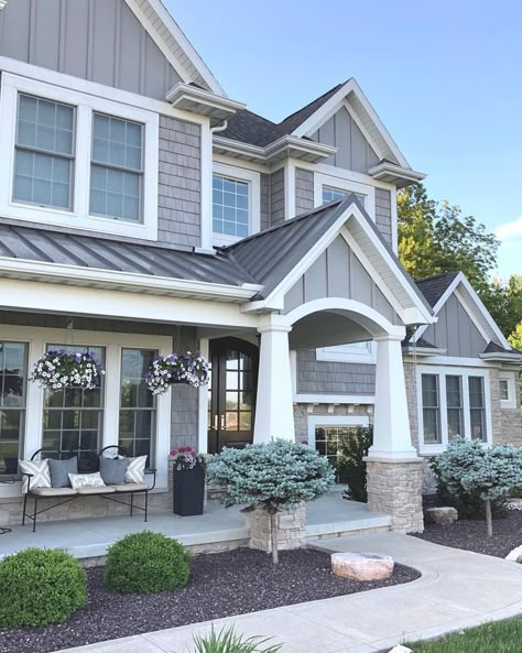 Grey and stone craftsman style home exterior. Caroline on Design. Mastic vinyl shake shingle. Craftsman Home Exterior, Farmhouse Exterior Design, Cape Cod Style House, Craftsman Bungalow, Casa Country, Craftsman Style Home, Grey Exterior, Grey Houses, Casas Coloniales