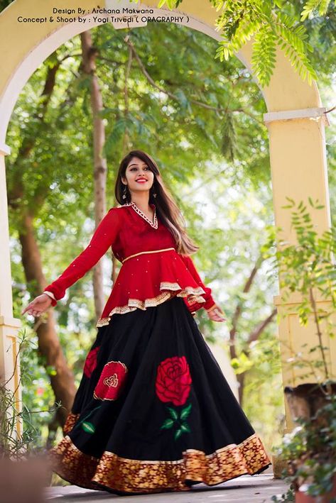 Red Velvet & georgette peplum top, Black silk 8 mtrs flared skirt with flowers motif.-sold Black Peplum Top Outfit Indian, Navratri Peplum Tops, Black Peplum Top Outfit, Navratri Top, Peplum Top Outfits Indian, Ghaghara Choli, Velvet Peplum Top, Peplum Top Outfits, Skirt With Flowers