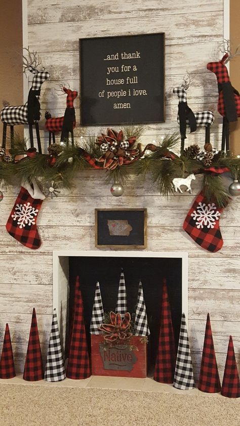 Buffalo Check Decor Christmas, Buffalo Theme Christmas Tree, Buffalo Plaid Mantle Decor, Christmas Checkered Decor, Red And Black Buffalo Plaid Christmas Fireplace Decor, Christmas Decor Buffalo Plaid, Red And Black Buffalo Christmas Tree, Red Black Buffalo Plaid Christmas Decor, Red White And Black Christmas Decor