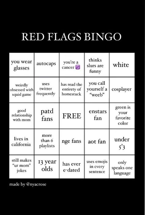 Loser Bingo, Red Flag Bingo, Fill The Jars Template, Stuff To Send To Friends, Snapchat Games, Friend Bingo, Me Template, About Me Template, Bingo Template