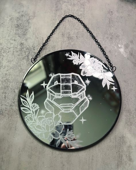 Surprising my best friend with the Halo inspired mirror I engraved for her 🖤 • • • • • #halo #haloinfinite #halo5 #haloreach #halovideogame #videogame #gamer #masterchief #tattoos #tattooinspiration #art #artist #smallbusiness #artistsupport #artistsoninstagram #lfl #l4l #fff #f4f #tattoflash #artoftheday #mirror #engraving #handmade #handmadegifts Mirror Engraving Ideas, Mirror Laser Engraving, Etch Mirror, Etching Mirror, Mirror Engraving, Engraved Compact Mirror, Halo Video Game, Halo Reach, Halo 5