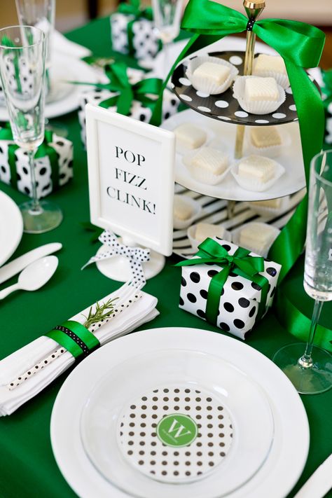 Kate Spade Holiday Party by Pizzazzerie.com Kate Spade Christmas, Graduation Brunch, Green Tablescape, Kate Spade Party, Brunch Party Decorations, Brunch Decor, Kate Spade Inspired, Diy Monogram, Brunch Invitations