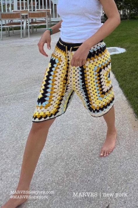 handmade crochet made with cotton yarn. insta @MARVESnewyork Aesthetic Crochet Clothes Patterns, Crochet Cotton Yarn Clothes, Mens Granny Square Shorts, Crochet Masculine Clothes, Crochet Pants Men, Crochet Shorts For Men, Granny Square Shorts Pattern, Crochet Shorts Granny Square, Crochet Bag For Men