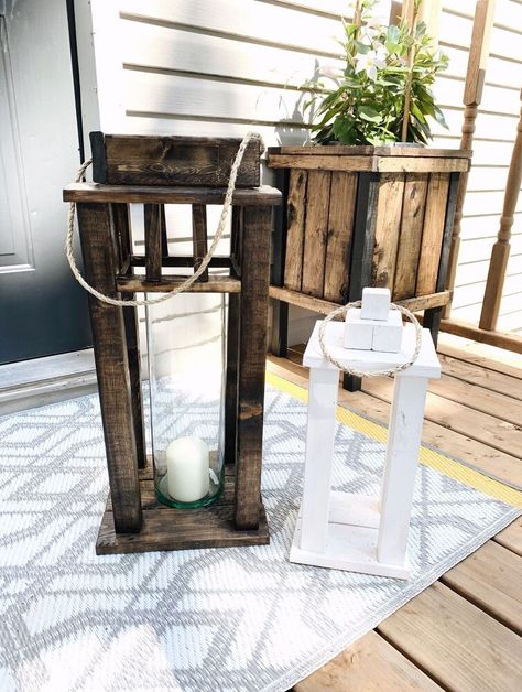 Scrap Wood Lanterns Diy, How To Build Wooden Lanterns, Wooden Candle Lanterns Diy, Wooden Lanterns Diy Farmhouse, Outdoor Candle Lanterns Wood, Diy Wooden Lantern, Porch Lanterns, Lantern Designs, Rustic Lanterns