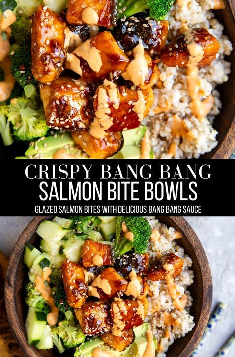 Dive into a flavor explosion with these Crunchy Bang Bang Salmon Bites in a Bowl. Perfectly seasoned salmon is coated in a crispy crust and drizzled with a tangy, spicy bang bang sauce that will tantalize your taste buds. Served over a bed of fresh greens or fluffy rice, this dish is a delightful mix of textures and flavors. Whether you're looking for a quick weeknight dinner or a show-stopping dish for guests, these salmon bites are sure to impress. Easy to make and irresistibly delicious, it's a meal that will have everyone coming back for seconds. Bang Bang Salmon Bites, Bang Bang Salmon, Seasoned Salmon, Cbt Techniques, Bang Bang Sauce, Salmon Bites, Fluffy Rice, Salmon Bowl, Salmon Seasoning