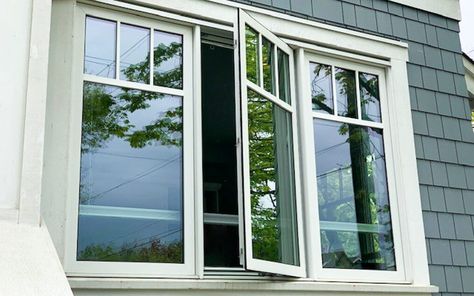 vinyl casement window heritage grids open Short Fractional Window, Windows With Grids On Top, Anderson Windows Ideas, Casement Windows With Grids, Picture Windows That Open, Black Window Grids Styles, White Casement Windows, Casement Windows Living Room, Grid Windows Exterior