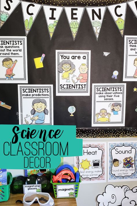 Science classroom decor is fun for students and teachers. Elementary classrooms look great with these free scientist posters. Also learn a few teacher tips for creating a science corner. Science classroom decorations are a great way to celebrate science. Kindergarten, first grade and second grade kids love these fun science posters. Science Week Decoration, 1st Grade Science Bulletin Board, Kindergarten Science Classroom Decor, Science Corner Kindergarten, Stem Corner In Classroom, Science Classroom Decorations Preschool, Science Signs For Classroom, 3rd Grade Science Classroom Decor, Elementary Science Teacher Classroom