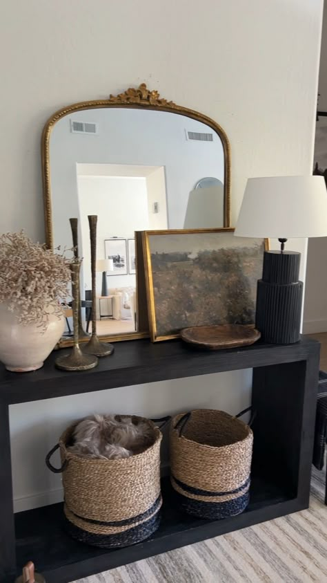 Console Table Black Wall, Dark Wood Entry Table, Black Metal Home Decor, Entryway Table Dark Wood, Entryway Ideas Black Table, Mirror And Console, Entry Table Black, Entry Table Mirror, Black Wood Entry Table