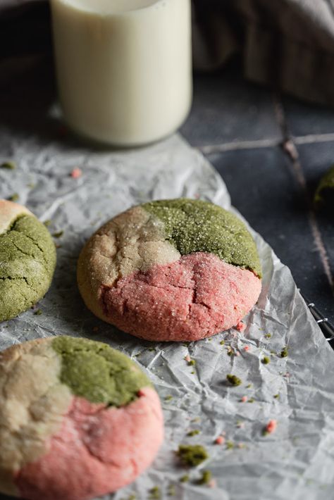 Matcha Cookies Vegan, Vegan Matcha Cookies, Vegan Matcha Dessert, Neapolitan Cookie, Eggs Substitute, Neapolitan Cookies, Matcha Vegan, Matcha Strawberry, Dairy Free Pizza