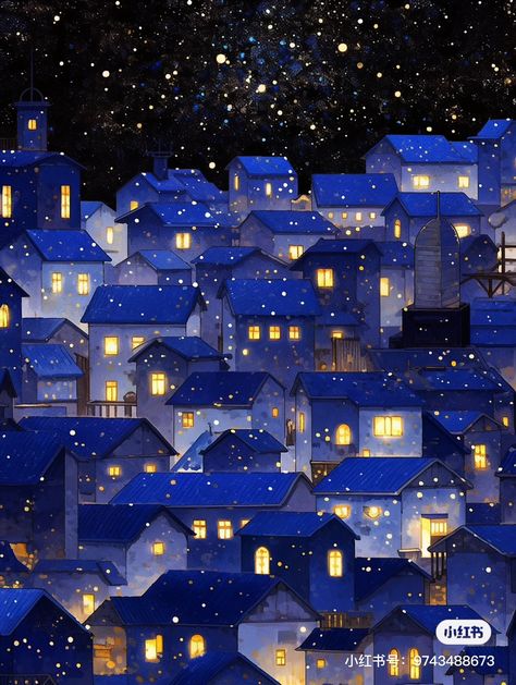 Christmas Night Drawing, Night Building Painting, Christmas Night Illustration, Winter Night Illustration, Night Aesthetic Art, Night Sky Illustration, Whimsical Art Paintings, Perspective Drawing Lessons, Night Illustration