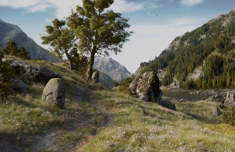 ArtStation - Alpine Landscape Mountain Village Concept Art, Alpine Landscape, Mountain Environment Concept Art, Desert Forest Concept Art, Alpine Alpenglow, Alpine Mountains Landscapes, Apocalypse Landscape, Alpine Forest, Anglo Saxon History