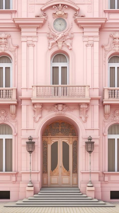 Pink School Building, Pink Building Aesthetic, Gothic Iphone Wallpaper, Pink House Exterior, Wallpaper Gothic, Pink Architecture, Iphone Wallpaper Pink, Pink Building, European Town