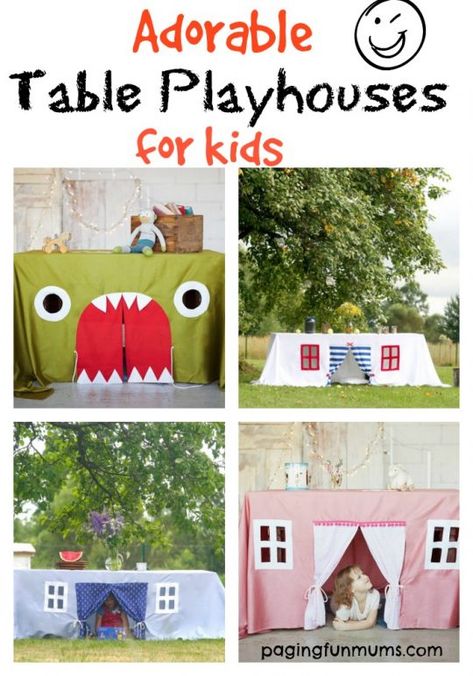 http://pagingfunmums.com/2016/10/17/adorable-table-playhouses-for-kids/ Table Playhouse Diy, Table Tents For Kids, Playhouses For Kids, Tent House For Kids, Outside Table, Diy Kids Table, Diy Tablecloth, City Party, Kids Forts