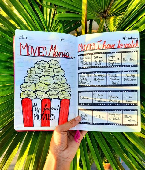 How to create a Movies Mania page in ur journal. Just write your favorite movies and movies you have to watch. How To Make A Dairy Book, Movies To Watch Journal Page, Favorite Movies Journal, Diary Drawing Ideas, Slam Book Ideas, Notebook Profile, December Journal, Slam Book, Bullet Journal Work