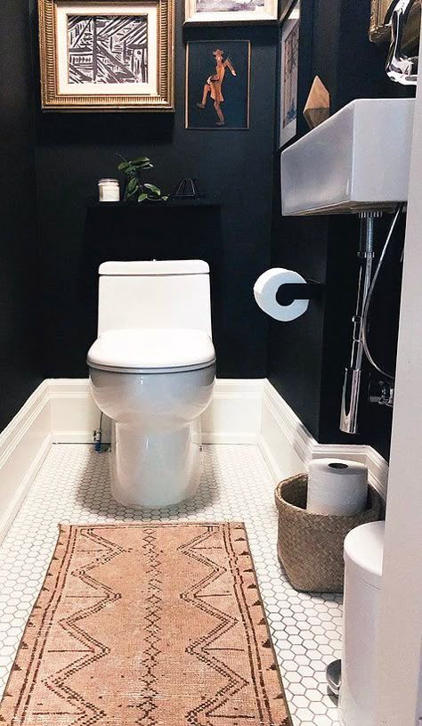 Tiny Powder Room Gets A Moody, Boho Makeover Boho Small Toilet, Tiny Powder Room Storage Ideas, Small Guest Powder Room Ideas, Modern Boho Half Bath, Tiny Guest Toilet, Modern Boho Powder Room, Small Moody Half Bath, Moody Toilet Room, Moody Wallpaper Powder Room