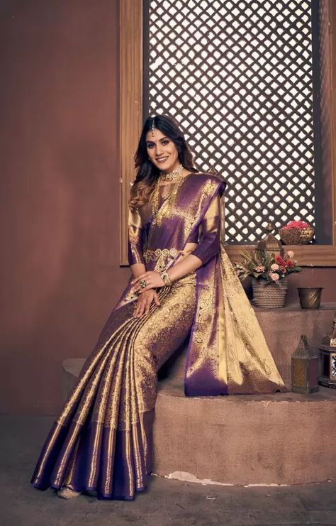 Jewellery For Half Saree, Reception Saree For Bride, Siva Parvathi, Purple Silk Saree, Pattu Sarees Wedding, Gold Silk Saree, Saree Colours, Indian Bride Saree, New Sarees