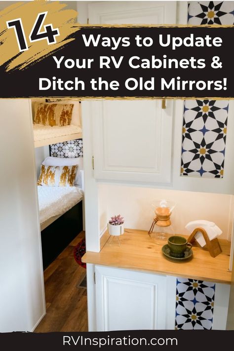 RV cabinets are often the cause for wanting to renovate a camper. But one other thing RVers tend to hate? The mirrors built into the RV cabinets. In this article, we're tackling the pesky problem of what to do with those RV cabinet mirrors! We have solutions for covering, replacing, or updating your RV cabinet mirrors to reflect your personal style. Check out our 14 ways to cover your RV cabinets and ditch the old mirrors for good! #rvrenovation #rvinspiration Update Rv Cabinet Doors, Camper Cabinet Makeover, Camper Glass Cabinet Redo, Rv Mirror Ideas, Rv Glass Cabinet Makeover, Camper Cabinet Redo, Rv Medicine Cabinet, Cover Glass Cabinet Doors, Rv Newbies