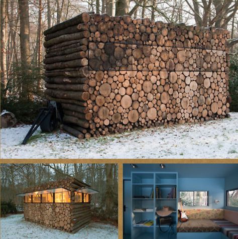 Hiding  out in the open! What a good camouflage! As long as no one tries to take wood from the wood pile! Rustic Cabin Design, Tree Architecture, Tree Carvings, Prefab Shipping Container Homes, Container Home Designs, Hunting Stands, Modern Log Cabin, Deer Blind, Architecture Facade