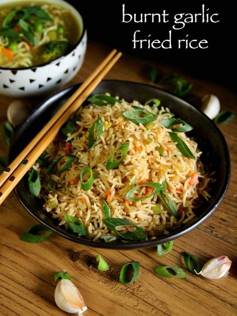 burnt garlic fried rice recipe | burnt garlic rice | burnt garlic veg fried rice Garlic Fried Rice Recipe, Veg Fried Rice, Hebbars Kitchen, Mexican Rice Recipe, Variety Rice, Rice Pulao, Fried Rice Recipes, Indo Chinese Recipes, Garlic Fried Rice