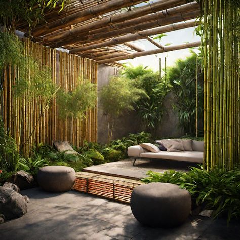 Creating a Tranquil Oasis in Your Backyard Bamboo Courtyard, Bamboo Deck Ideas, Bamboo Terrace, Bamboo Wall Garden, Bamboo Backyard, Bamboo Garden Landscaping, Bamboo Fencing, Bamboo Garden Ideas, Bamboo Fence Ideas