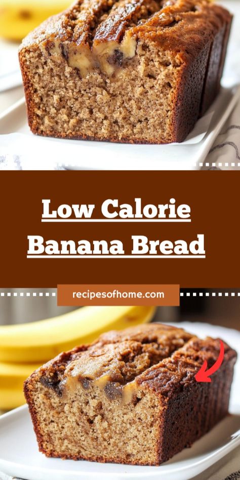 If you’re craving something sweet while watching your calories, this Low Calorie Banana Bread recipe is just for you! It’s moist, delicious, and serves as a low-fat, low-calorie, healthy alternative to traditional banana bread. With the same great taste and texture, it’s only 88 calories and contains no oil, nuts, or refined flour. Welcome this perfect weight-loss dessert into your life! #LowCalorieDessert #HealthyBananaBread #WeightLossRecipe #SkinnyDessert #NoOilNoFlour #GuiltFreeTreat #LowFatBaking #HealthyEating #DietFriendlyDessert #BananaBreadLove Low Calorie Chocolate Chip Banana Bread, Healthy Low Calorie Bread, Fat Free Banana Bread, Ripe Banana Recipes Low Calorie, Weight Watchers Banana Bread Recipe, Low Calorie Banana Desserts, Low Sugar Banana Bread Recipe, Low Calorie Banana Bread Recipe, Low Ingredient Banana Bread