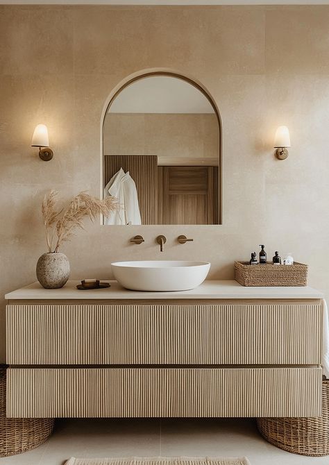 Discover 18 organic modern bathroom designs that blend sleek modern lines with natural, earthy elements for a calming, stylish retreat. Half Bath Remodel Modern, Organic Modern Restroom, Desert Modern Bathroom, Japandi Toilet Design, California Modern Bathroom, Organic Luxury Interior, Luxury Bathroom Inspiration Modern, Luxury Bathroom Vanity Design, Bedroom 2024 Trends