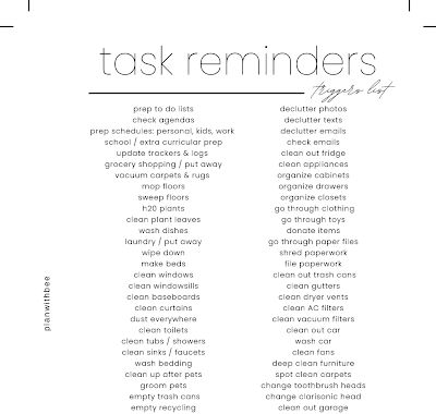 TASK REMINDERS TRIGGER LIST - Google Drive Trigger List For Planners, Visual To Do List, Tasks List, Planner Trigger List, Trigger List, Happy Homemaking, Goal Journal, Check Email, Productive Things To Do