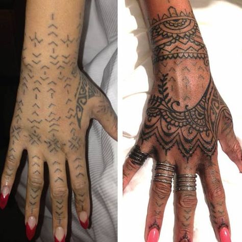 Rihanna decided it needed an update, so she flew Bang Bang McCurdy and Cally-Jo, her tattoo artists, 11 hours to the Dominican Republic. Rihanna Covers Up Her Old Tattoo With A New One Rhianna Tattoos, Hand Tattoo Cover Up, Rihanna Hand Tattoo, Rihanna Tattoo, Side Hand Tattoos, Henna Inspired Tattoos, Henna Tattoo Hand, Tattoo Cover Up, Hand Tattoos For Women