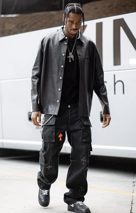 Revenge Storm Outfit, Black Rockstar Outfit Men, High End Streetwear Fashion, Street Ware Aesthetic, Leather And Denim Outfit, Sga Outfits, Rapper Style Outfits, Leather Overshirt Outfit, Shai Fits