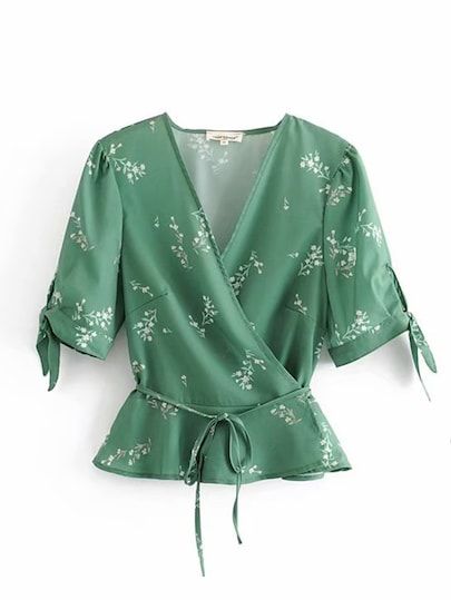 Product name: Ditsy Floral Belted Wrap Blouse at SHEIN, Category: Blouses Lady Blouse Designs, Female Tops Fashion, Shein Dress Casual, Wrap Blouse Outfit, Wrap Tops For Women, Summer Blouses For Women, Wrap Blouses, Belted Top, Jade Color