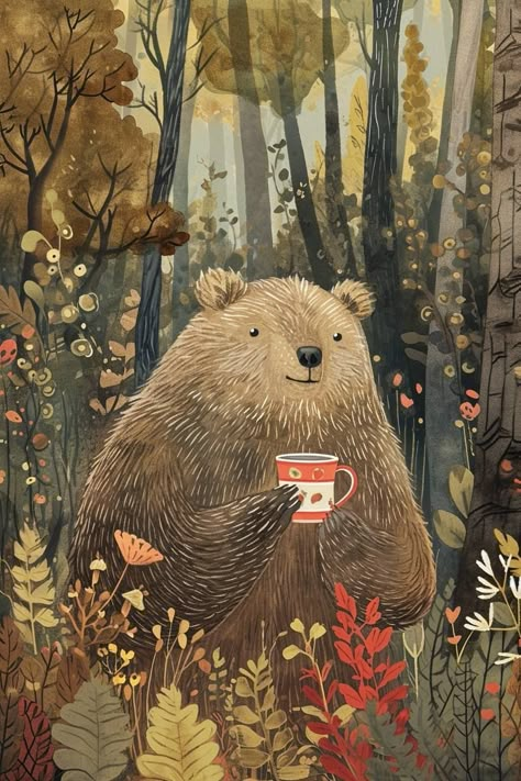 Brown Bear Illustration, Cozy Inspiration, Watercolor Art Diy, Cozy Art, Storybook Art, Forest Illustration, Bear Illustration, Children's Illustration, Animal Illustrations