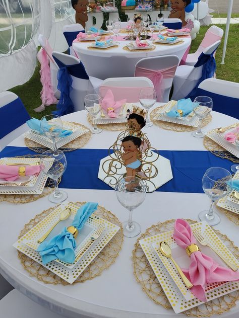 Gender Reveal Table Ideas, Gender Reveal Party Set Up, Gender Reveal Party Table Set Up, Gender Reveal Chair Decor, Table Decor For Gender Reveal Party, Table Decorations For Gender Reveal, Picnic Table Gender Reveal Decor, Table Set Up Gender Reveal, Gender Reveal Ideas Table Decor